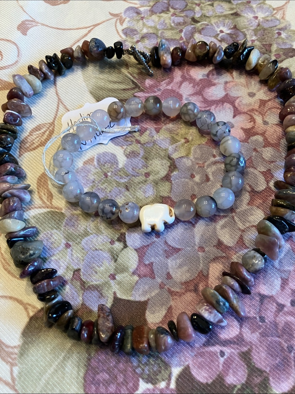 NATURAL WATERMELON TOURMALINE CHIP BEADS WITH MATCHED DRAGON VEIN AGATE BRACELET